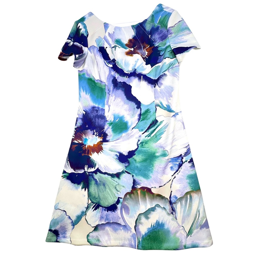 NWT $134 Calvin Klein Floral A-Line Dress Womens‎ 12 Blue Watercolor